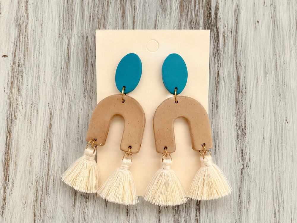 Boho Tassel Statement Earrings – Teal & Cream Dangle Earrings